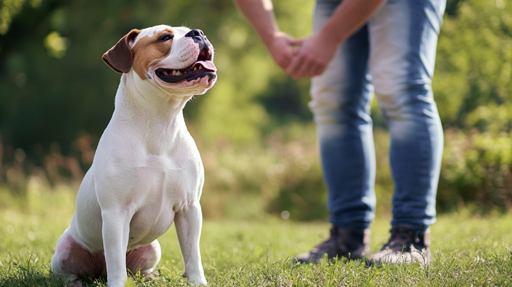 American Bulldog following obedience commands during training session with owner