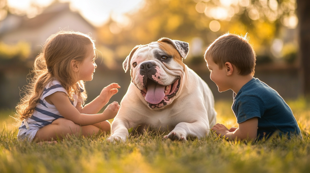 Gentle American Bulldog interacting playfully with children in backyard setting