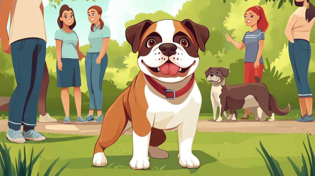 American Bulldog puppy meeting various people and dogs in park environment