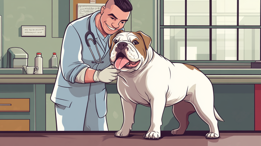 Veterinarian examining American Bulldog during routine health check-up