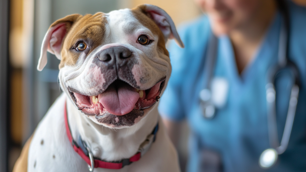 Veterinarian examining American Bulldog during routine health check-up