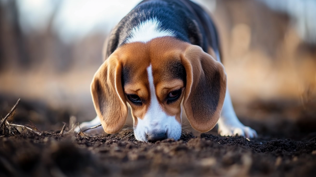 Beagle participating in advanced scent training exercise with hidden treats