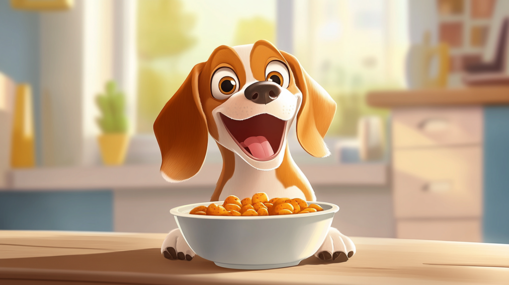 Beagle eating balanced meal from bowl, illustrating proper nutrition