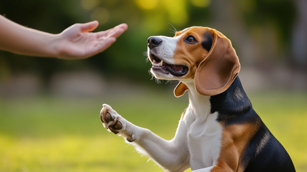 Beagle demonstrating sit, stay, and come commands during obedience training