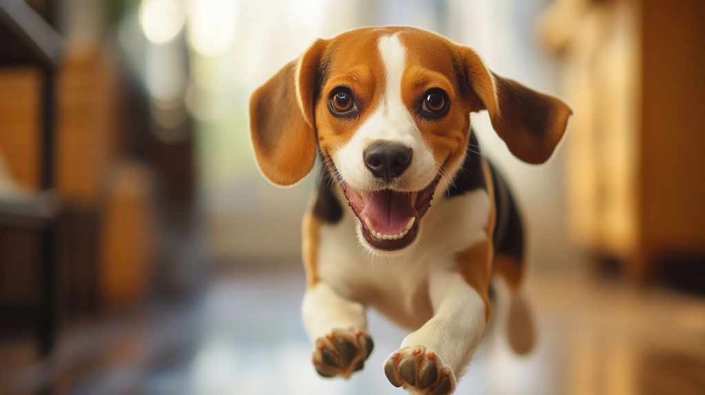 Beagle standing in profile, showcasing breed's distinctive features and compact size