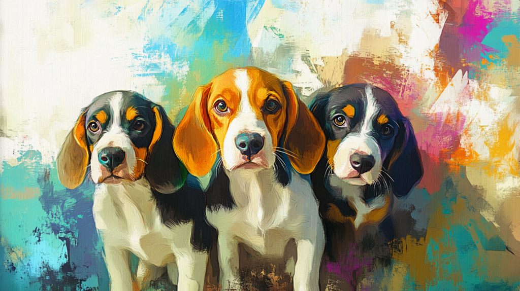 Group of Beagles displaying various coat colors including tri-color and bi-color