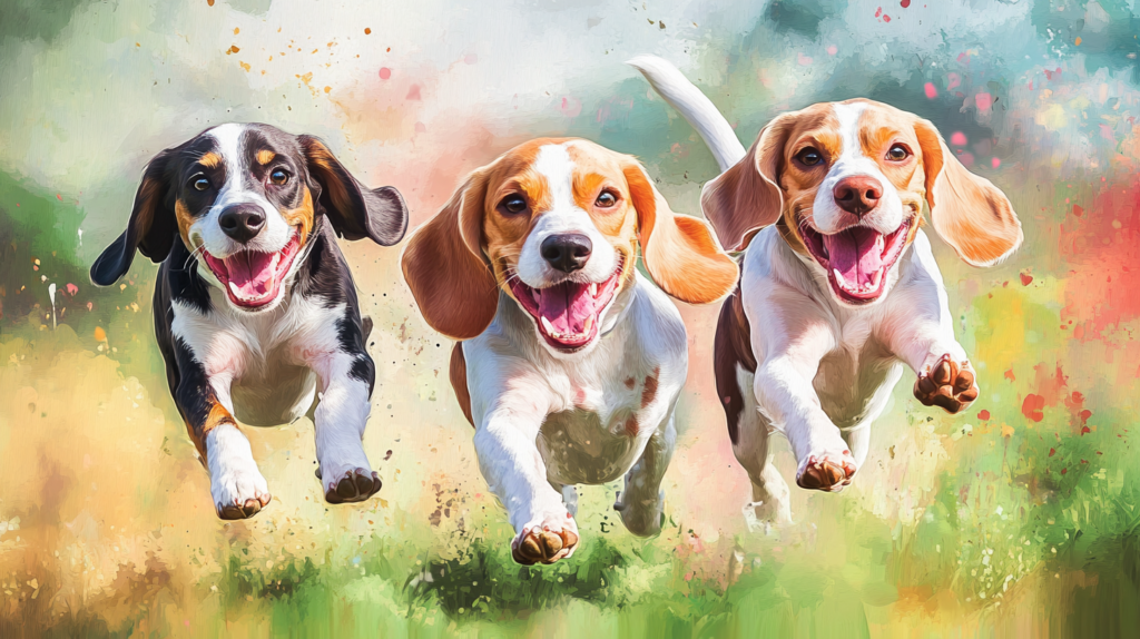 Three Beagles displaying different coat colors: tri-color, lemon-white, and red-white