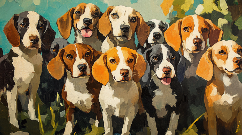 Group of Beagles showcasing various coat colors including tri-color and lemon