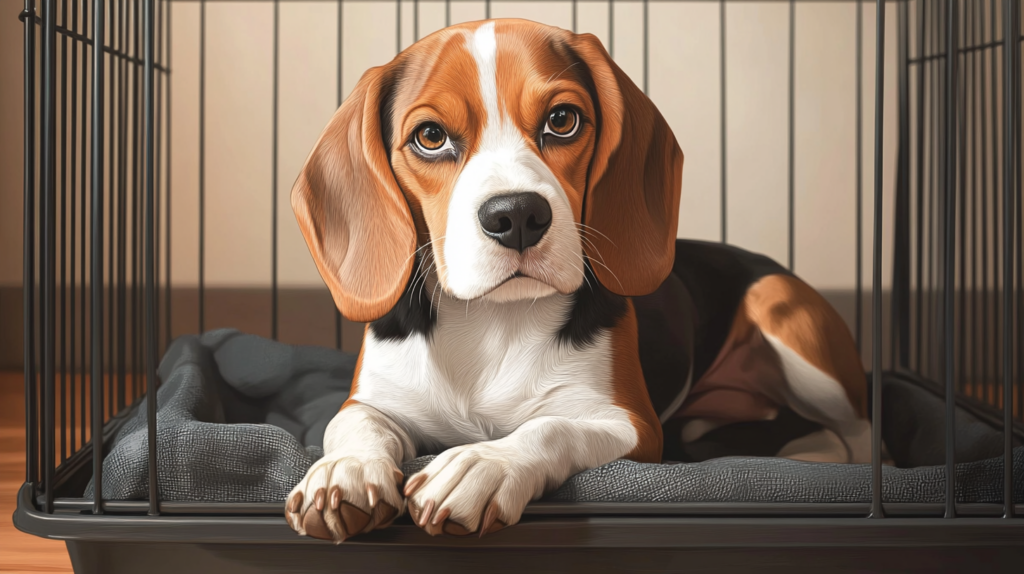  Beagle exploring comfortable crate during positive crate training introduction