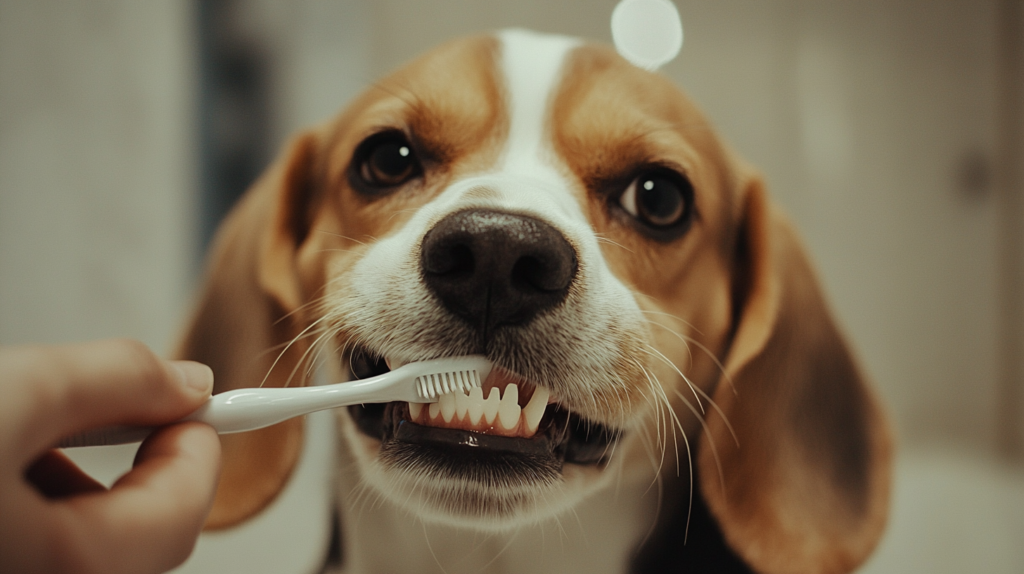 Owner brushing Beagle's teeth as part of preventive dental care