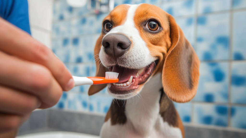 Owner brushing Beagle's teeth as part of regular dental care routine