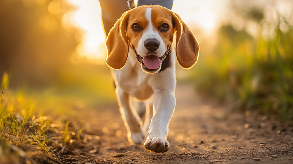 Beagle on a walk, illustrating high energy levels and exercise requirements