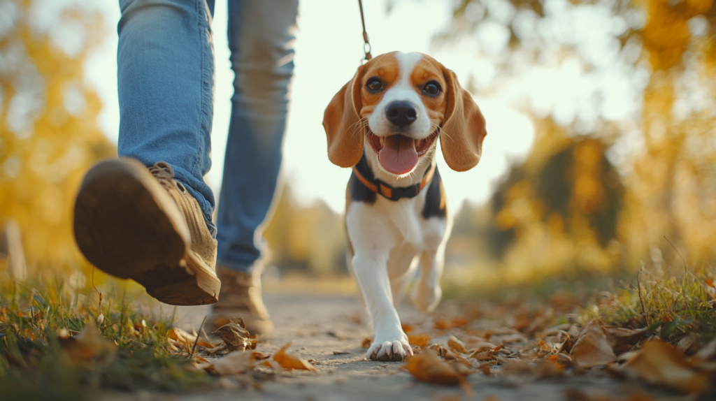 Beagle on daily walk, illustrating breed's exercise requirements for health