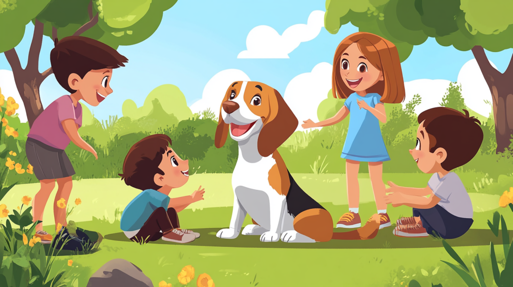 Beagle interacting positively with children in a family setting