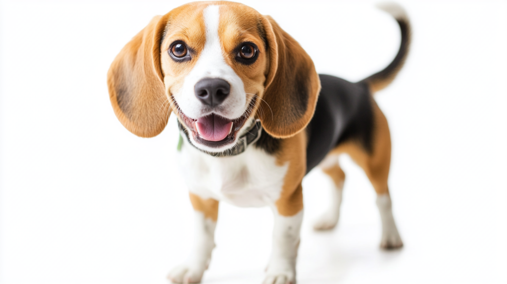 Beagle displaying friendly temperament with wagging tail and happy expression