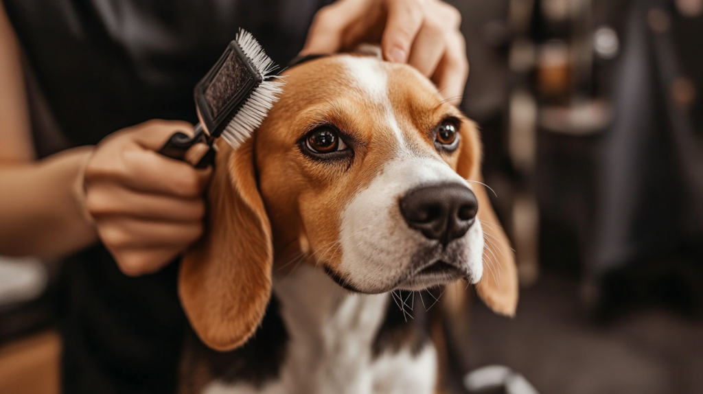 Owner brushing Beagle's short coat during weekly grooming session