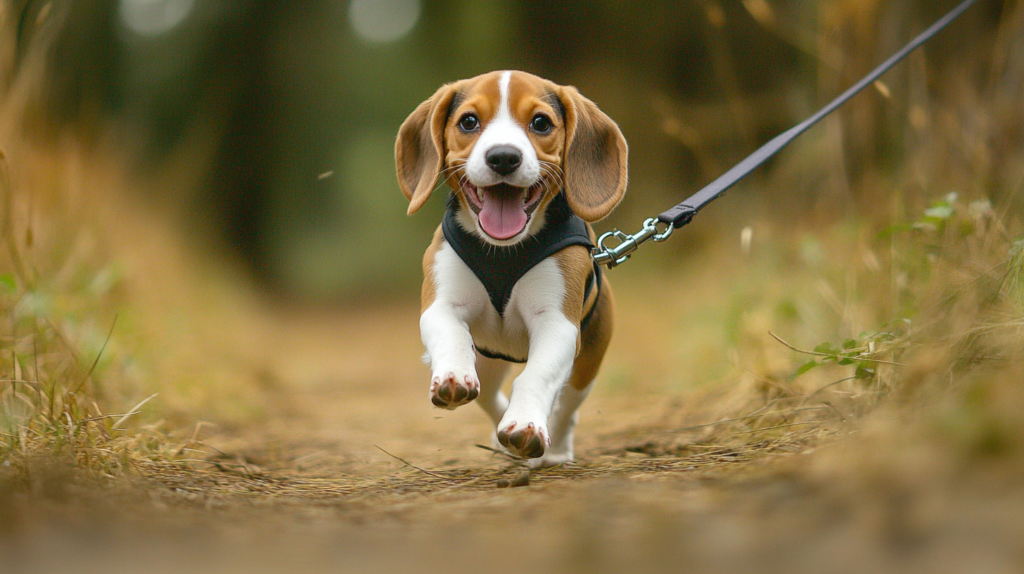 Owner using positive reinforcement during Beagle leash training session