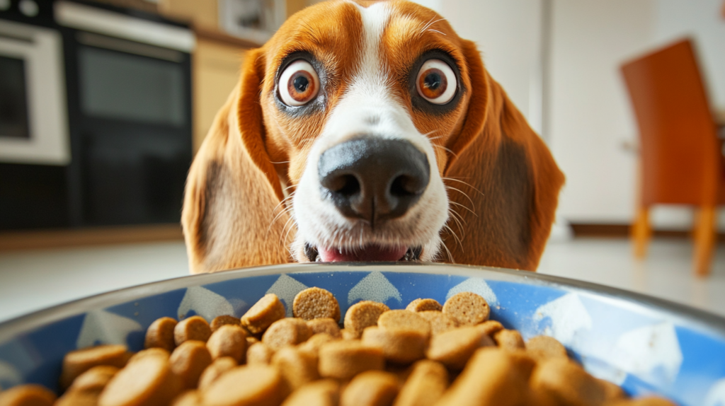 Beagle eating balanced meal from bowl, emphasizing importance of proper nutrition