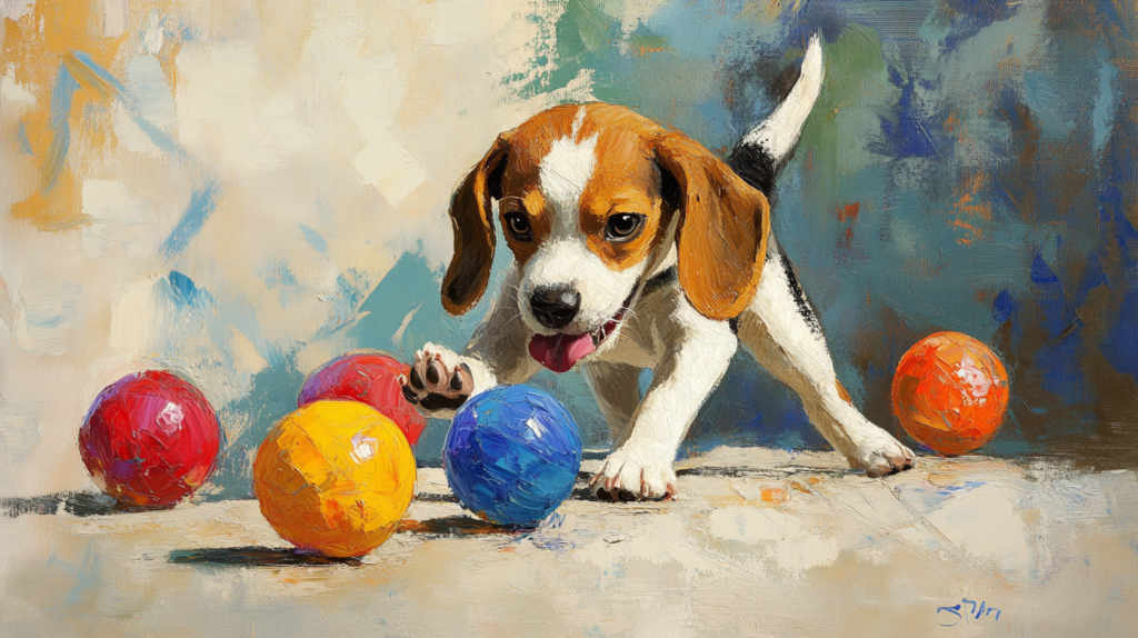 Beagle engaged in playful activity with toys, showcasing energetic personality