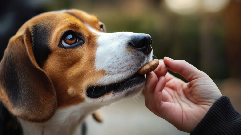 Beagle receiving treat and praise for good behavior during training