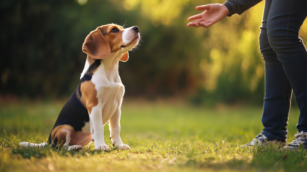 Young Beagle puppy learning basic commands during early training session