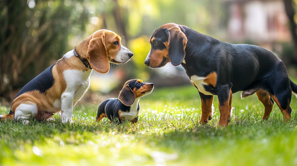 Beagle alongside Basset Hound and Dachshund for size comparison