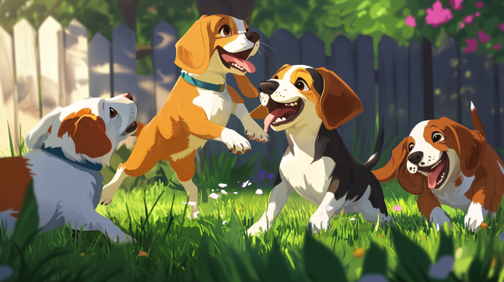 Beagle interacting with other dogs and people during socialization training