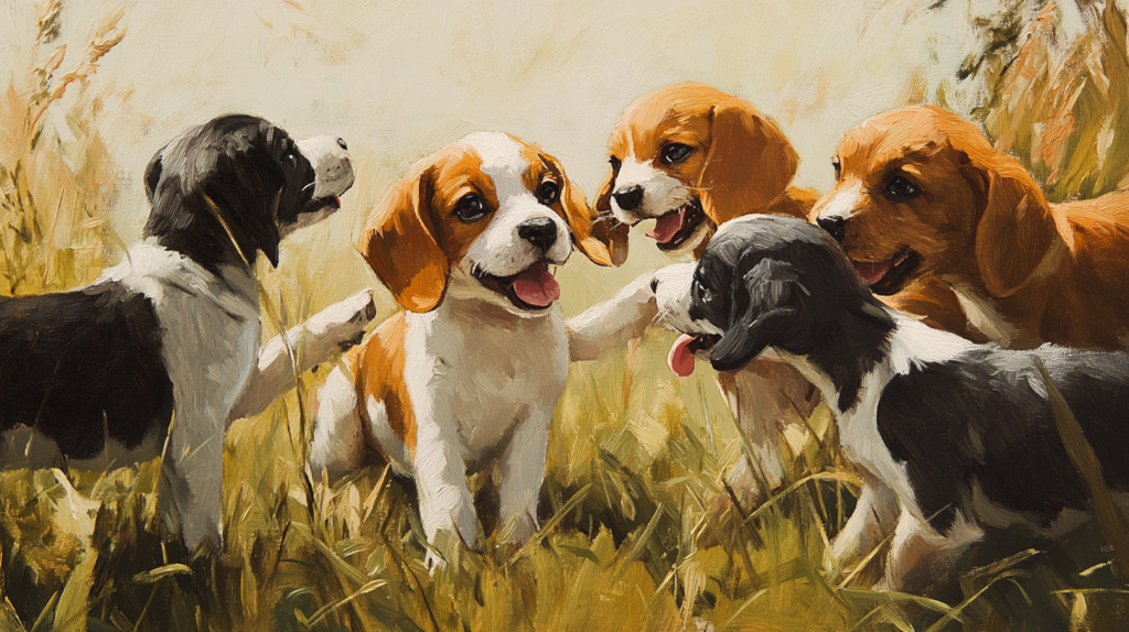 Beagle puppy in socialization class with other dogs and people