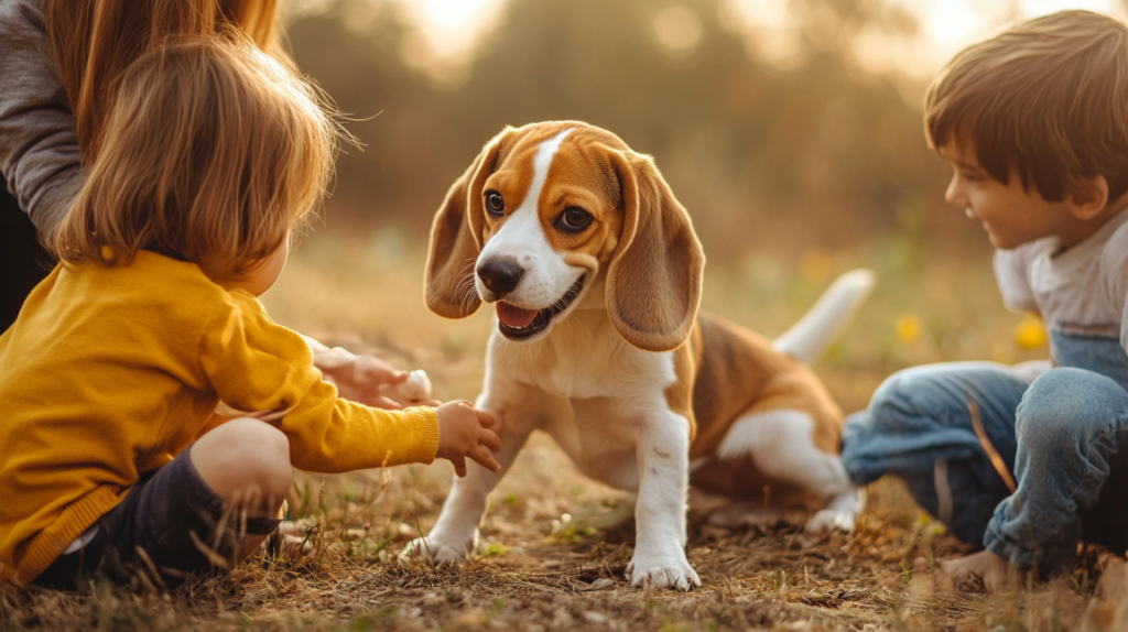 Beagle playing with children, demonstrating breed's friendly and playful nature