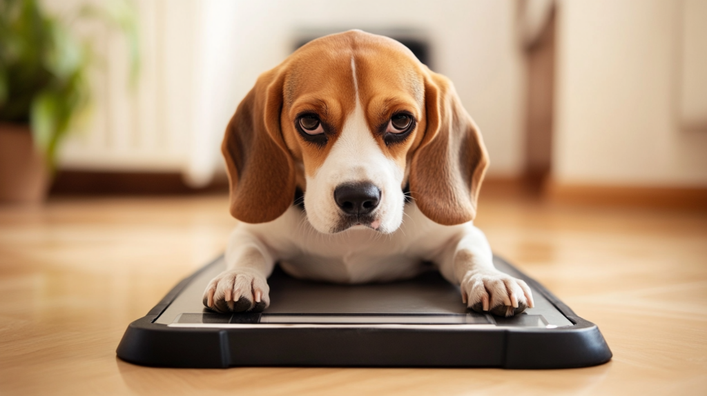 Beagle on scale displaying typical weight range between 20-30 pounds