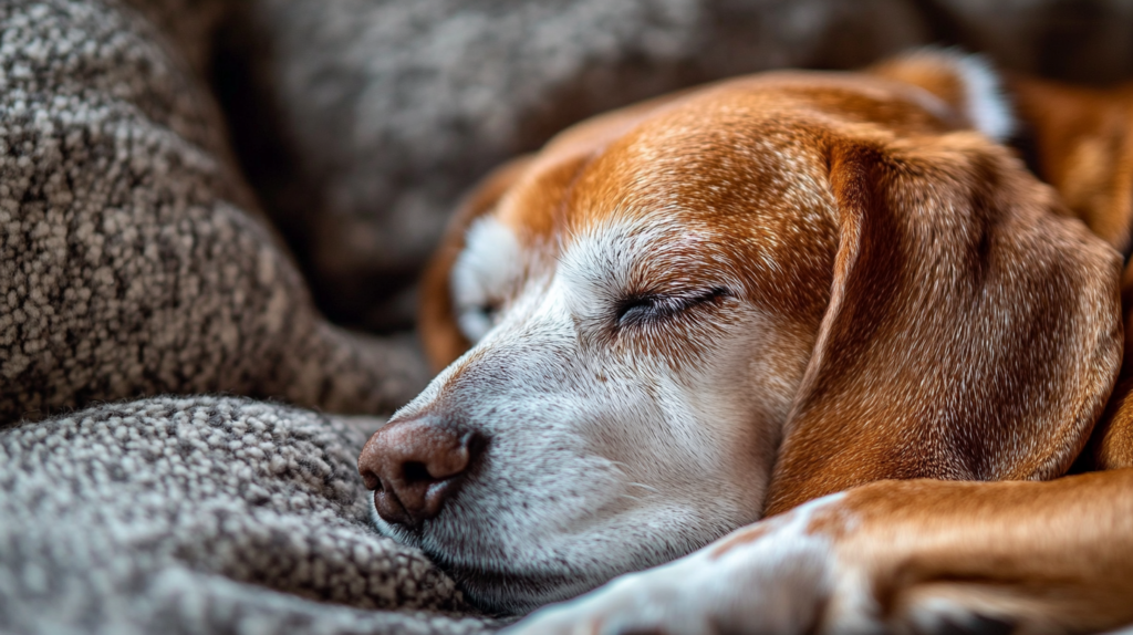 Older Beagle resting comfortably, illustrating care needs for aging Beagles