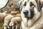 A digital art representation of an Akbash dog in a realistic style, standing proudly with a herd of sheep in the background.