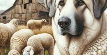 A digital art representation of an Akbash dog in a realistic style, standing proudly with a herd of sheep in the background.