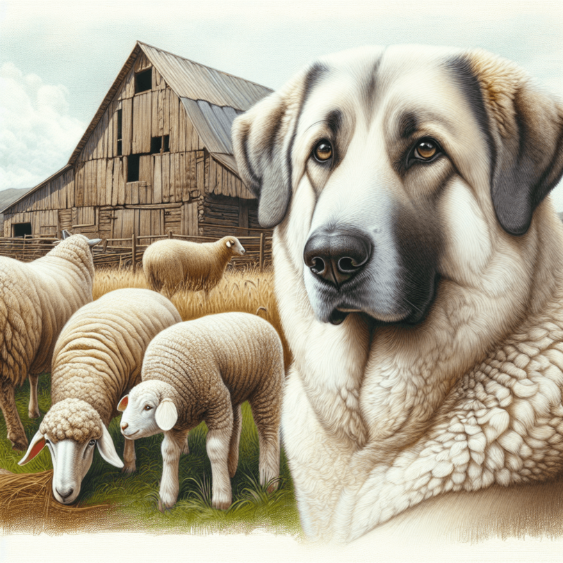 A digital art representation of an Akbash dog in a realistic style, standing proudly with a herd of sheep in the background.