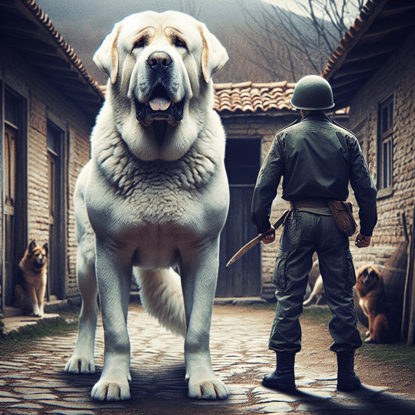 A digital art representation of an Akbash dog standing in a vigilant pose, symbolizing the protective nature of the breed.