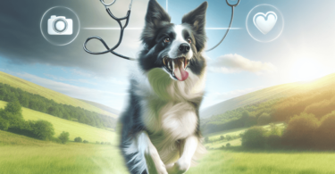 A joyful Border Collie mid-jump in a lush green meadow, with a clear blue sky above. The dog displays agility and intelligence, its fur gleaming in th