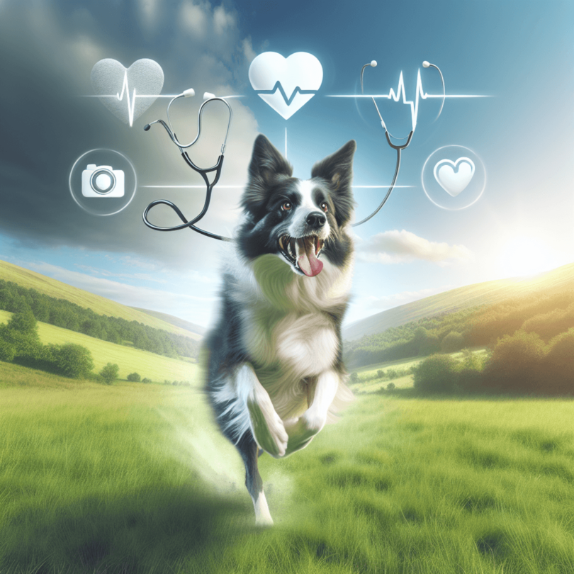 A joyful Border Collie mid-jump in a lush green meadow, with a clear blue sky above. The dog displays agility and intelligence, its fur gleaming in th