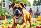 A joyful Boxer dog plays in a sunny backyard filled with colorful toys, while a family enjoys time together in the background, creating a warm and ...