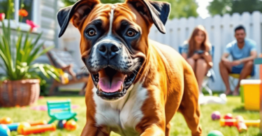 A joyful Boxer dog plays in a sunny backyard filled with colorful toys, while a family enjoys time together in the background, creating a warm and ...