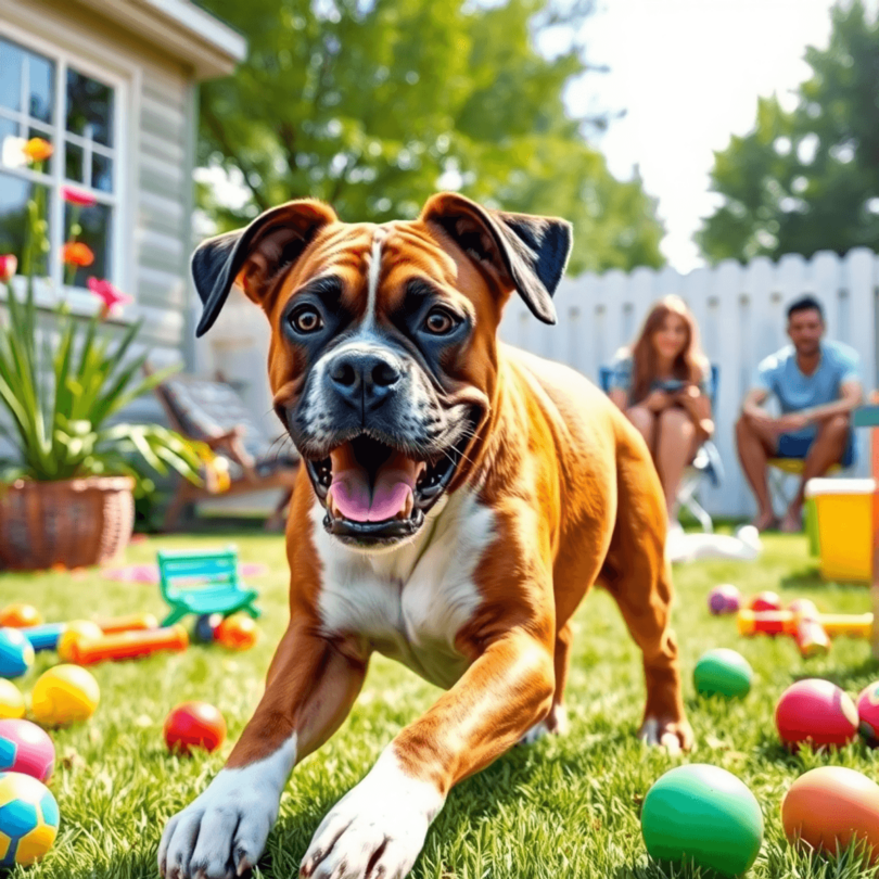 A joyful Boxer dog plays in a sunny backyard filled with colorful toys, while a family enjoys time together in the background, creating a warm and ...