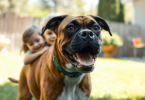 A joyful Boxer dog plays with children in a sunny backyard, surrounded by vibrant flowers and greenery, embodying the spirit of family companionship.