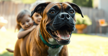 A joyful Boxer dog plays with children in a sunny backyard, surrounded by vibrant flowers and greenery, embodying the spirit of family companionship.