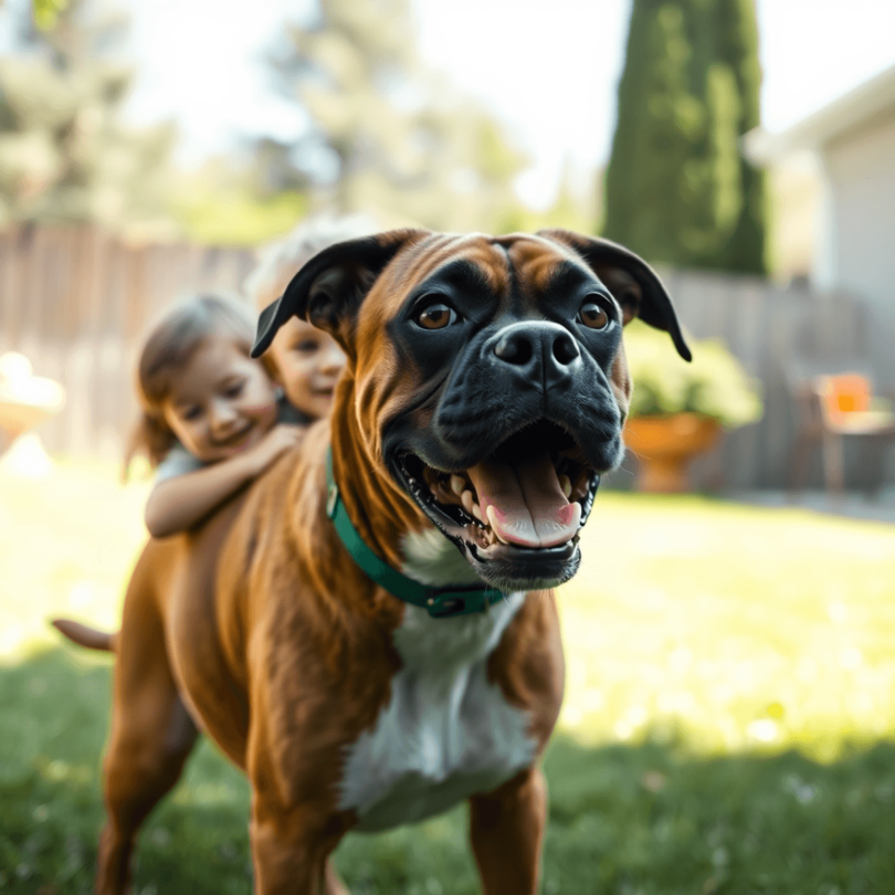 A joyful Boxer dog plays with children in a sunny backyard, surrounded by vibrant flowers and greenery, embodying the spirit of family companionship.