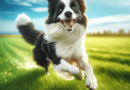 A lively Border Collie is captured mid-sprint across a lush green field, its fur glistening in the sunlight. The dog's eyes are bright and focused as