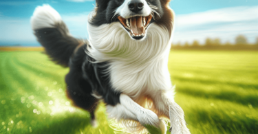 A lively Border Collie is captured mid-sprint across a lush green field, its fur glistening in the sunlight. The dog's eyes are bright and focused as