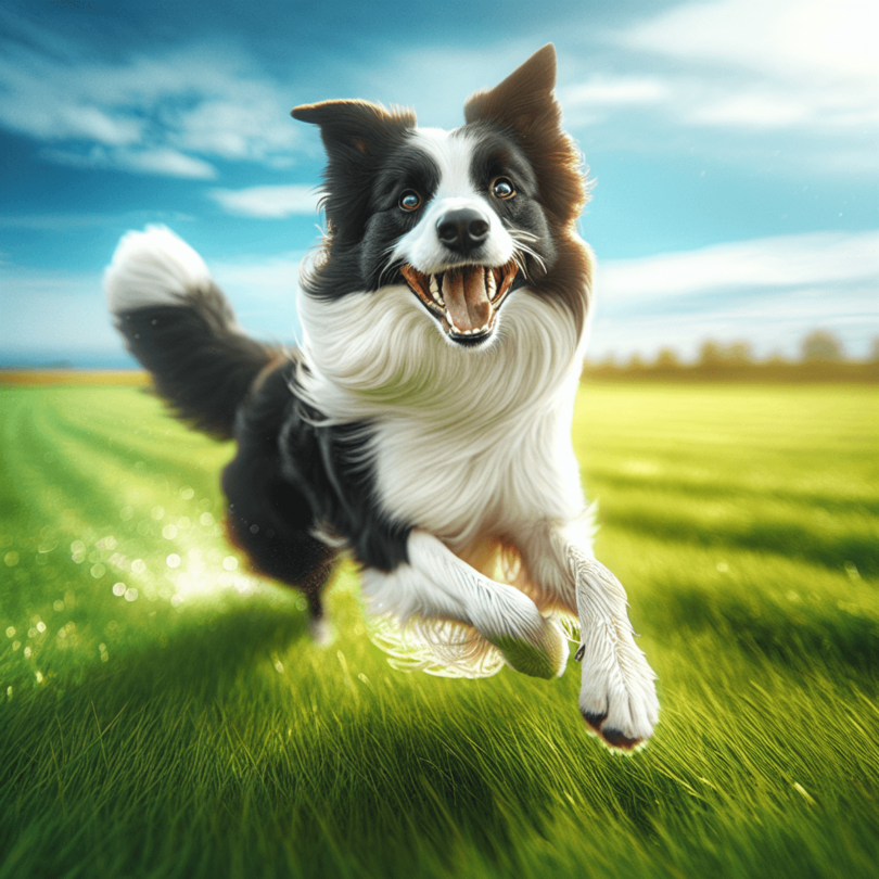 A lively Border Collie is captured mid-sprint across a lush green field, its fur glistening in the sunlight. The dog's eyes are bright and focused as