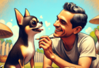 A lively, animated Chihuahua with big, expressive eyes and perked ears playfully interacts with a smiling Hispanic man in a vibrant outdoor setting...