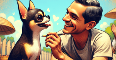 A lively, animated Chihuahua with big, expressive eyes and perked ears playfully interacts with a smiling Hispanic man in a vibrant outdoor setting...