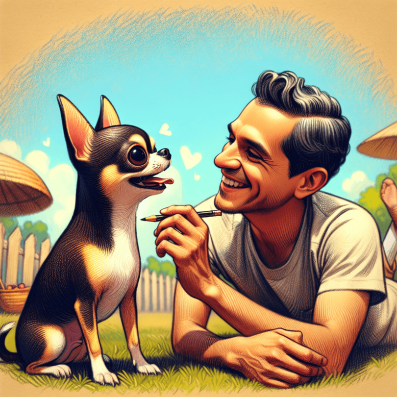 A lively, animated Chihuahua with big, expressive eyes and perked ears playfully interacts with a smiling Hispanic man in a vibrant outdoor setting...