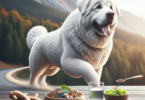 A majestic Akbash dog with a striking white coat, symbolizing the breed's historical role as a livestock guardian, in a digital art style.